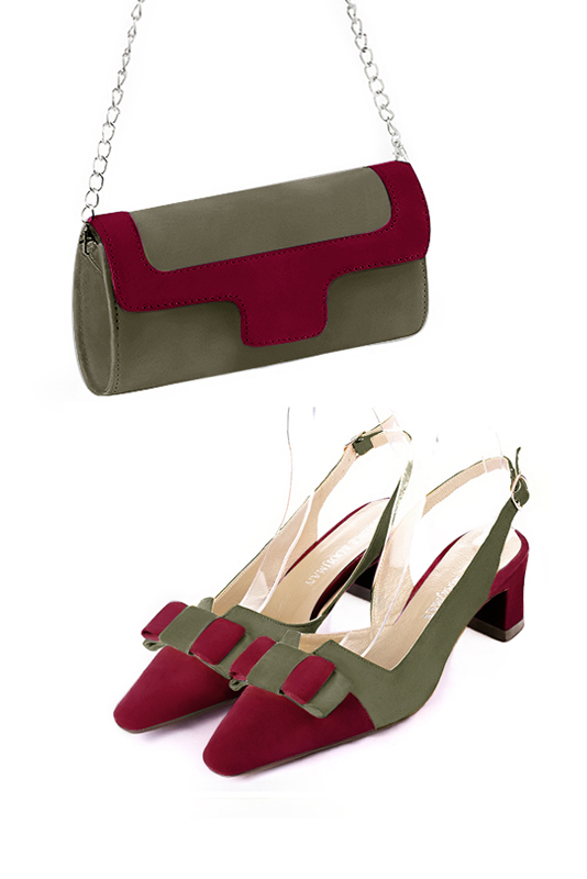 Khaki green and burgundy red women's dress clutch, for weddings, ceremonies, cocktails and parties. Worn view - Florence KOOIJMAN